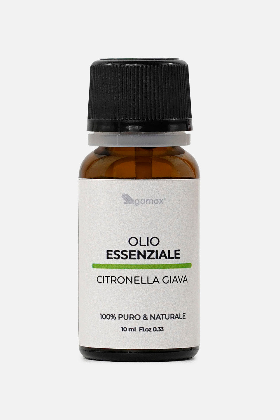 Flacone in vetro scuro da 10 ml di Olio Essenziale Citronella Giava Gamax con etichetta bianca e tappo nero zigrinato