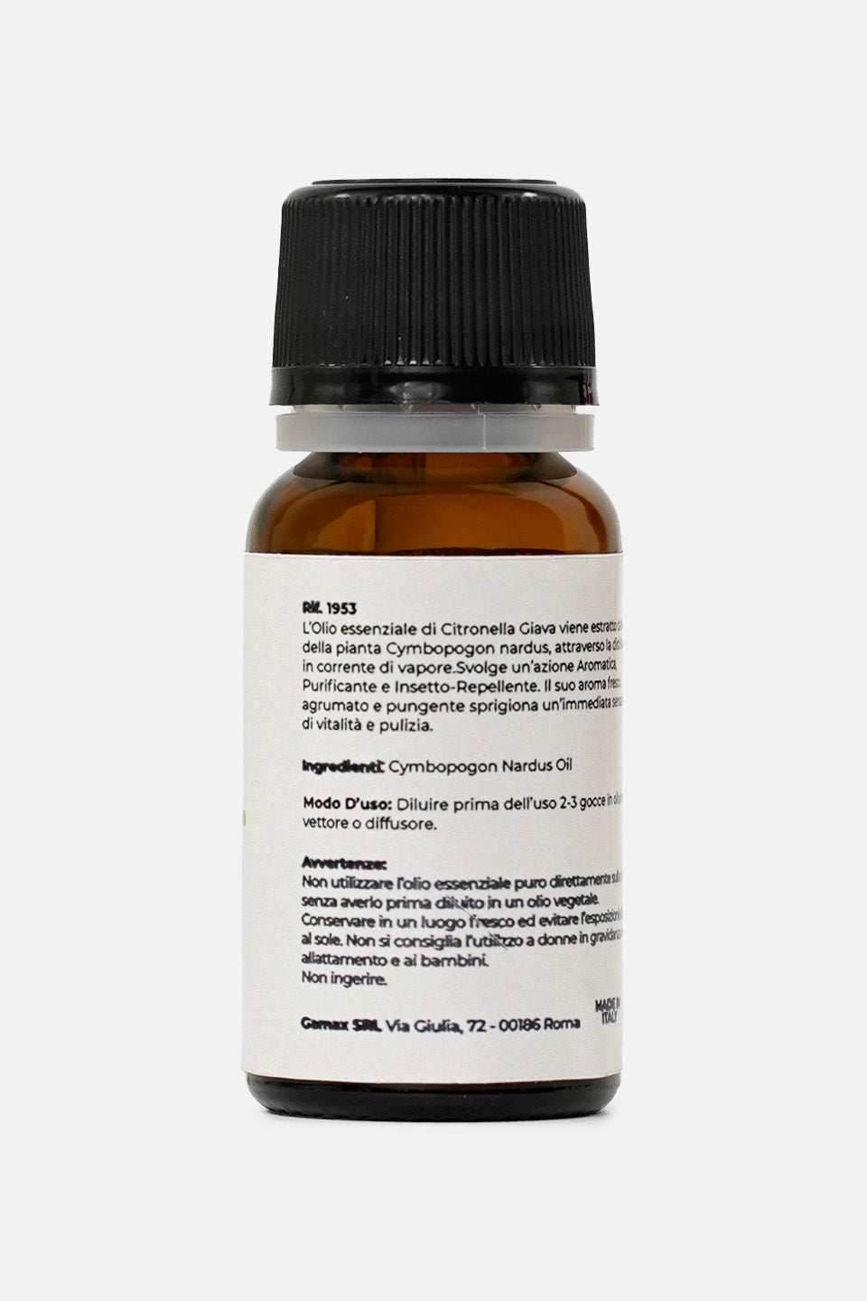 Retro dell'etichetta con istruzioni: olio estratto da Cymbopogon nardus con proprietà insetto-repellenti, purificanti e avvertenze d'uso