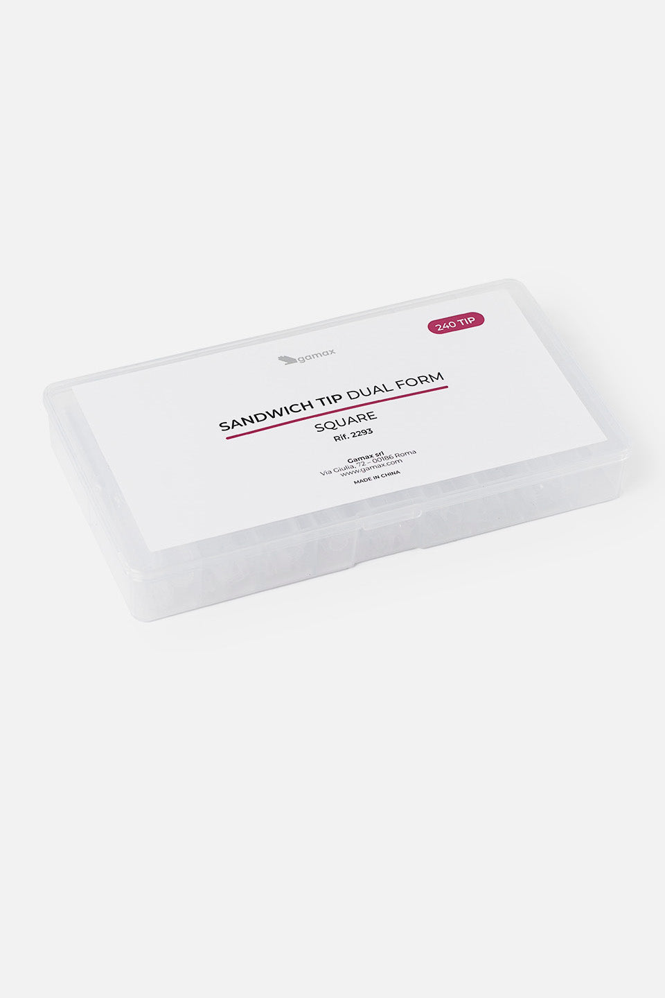 Scatola rettangolare in plastica trasparente contenente le tip per ricostruzione. L'etichetta bianca riporta il logo Gamax e la dicitura specifica: "SANDWICH TIP DUAL FORM - SQUARE - Rif. 2293" con l'indicazione di 240 pezzi nell'angolo superiore.