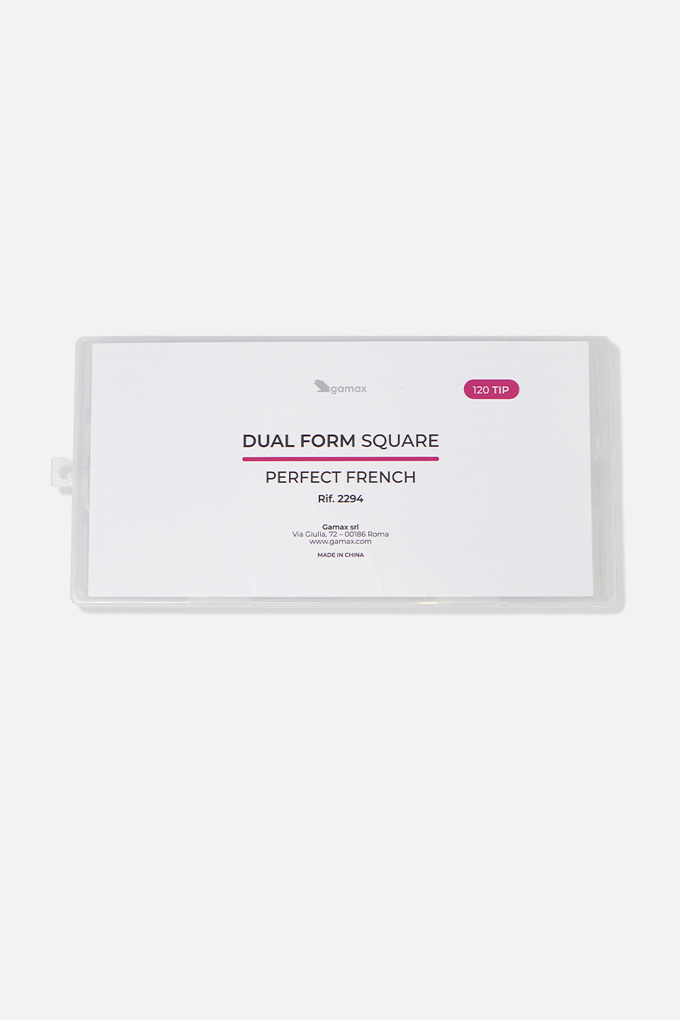 Confezione chiusa di "Dual Form Square Perfect French" di Gamax, rif. 2294, contenente 120 tip professionali, presentata su sfondo grigio chiaro.