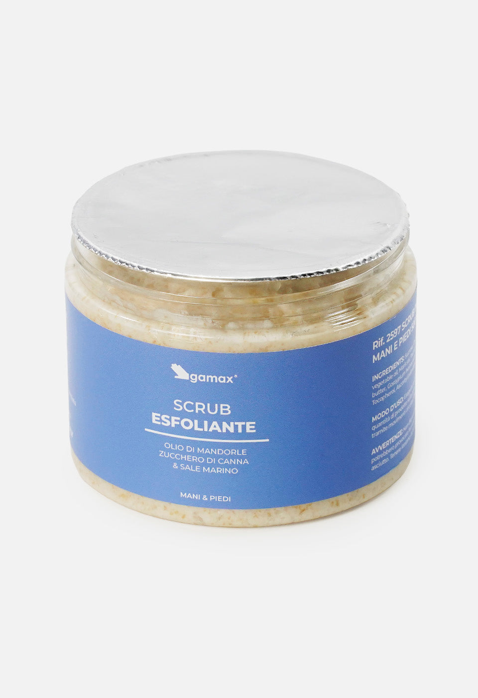 Barattolo di scrub esfoliante Gamax per mani e piedi visto dall'alto. Il contenitore trasparente mostra una texture cremosa e granulosa, con un sigillo in alluminio parzialmente sollevato che ne rivela il contenuto.