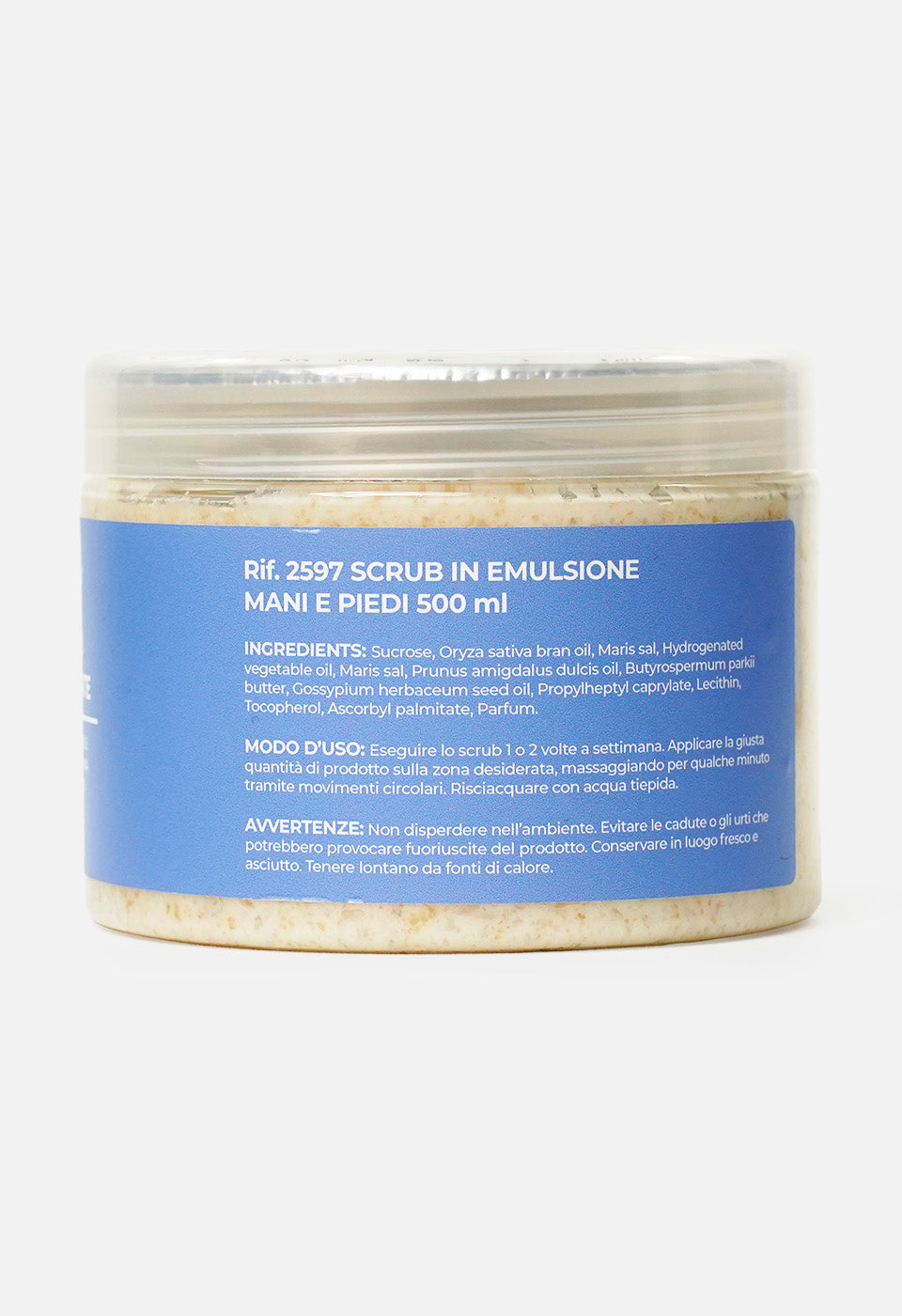 Primo piano del retro del barattolo Gamax che mostra l'elenco completo degli ingredienti (INCI), il modo d'uso e le avvertenze. Il testo è scritto in bianco su etichetta azzurra, indicando un formato da 500 ml.