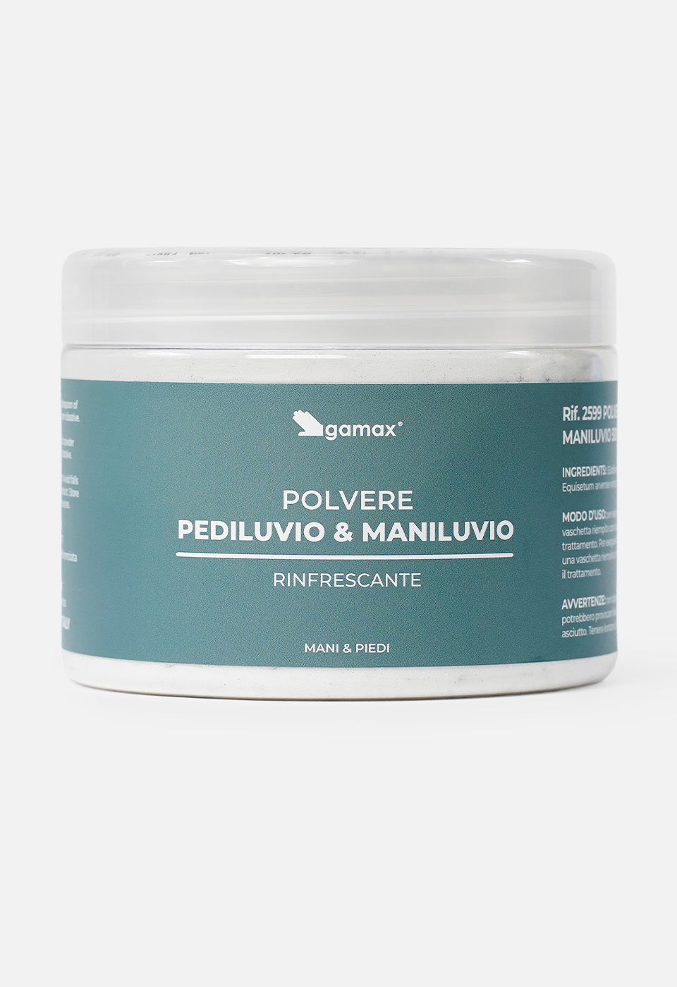 Barattolo da 500 ml di Polvere Pediluvio e Maniluvio Gamax, linea rinfrescante mani e piedi. Etichetta verde petrolio su sfondo bianco.