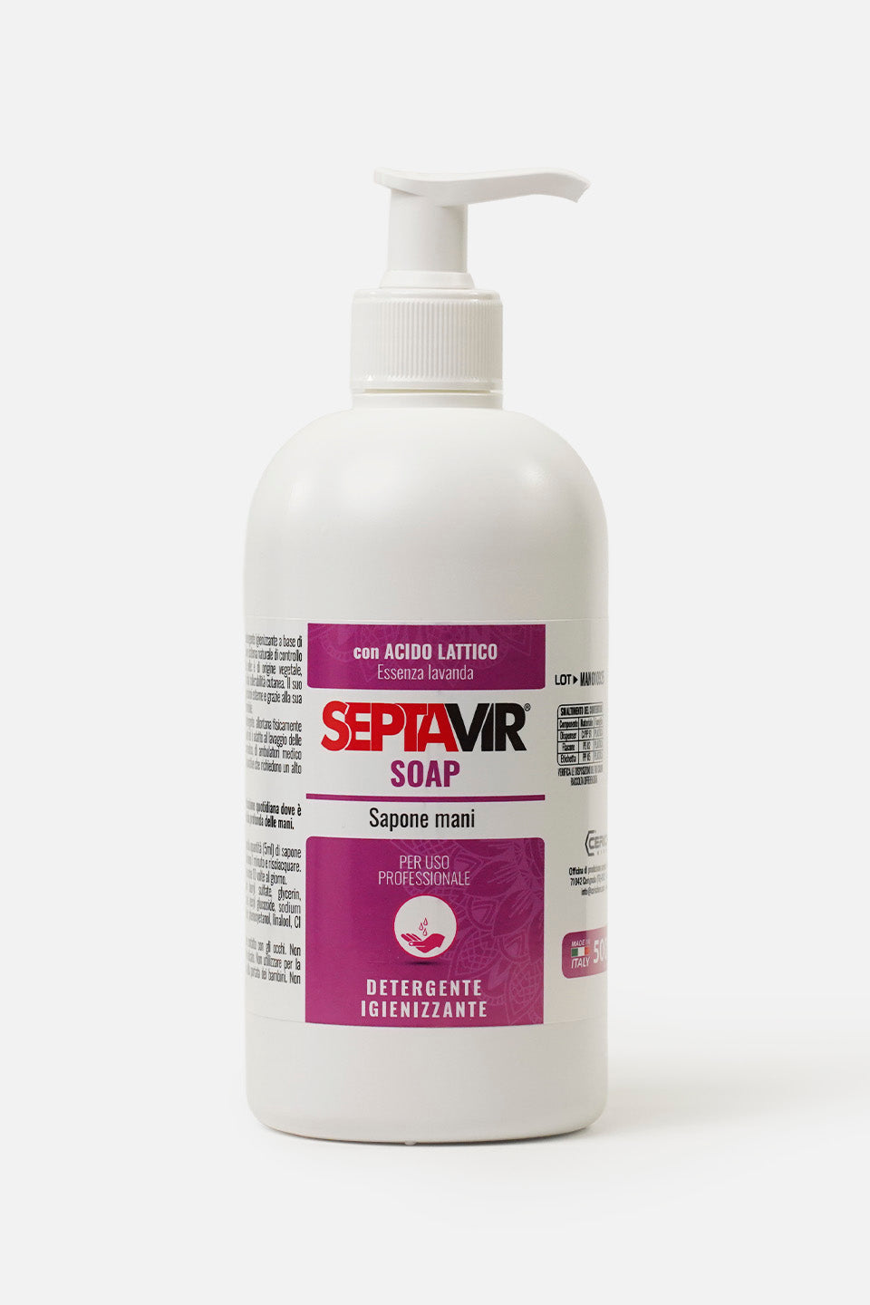 primo piano del sapone disinfettante mani septavir nel formato da 500 ml.