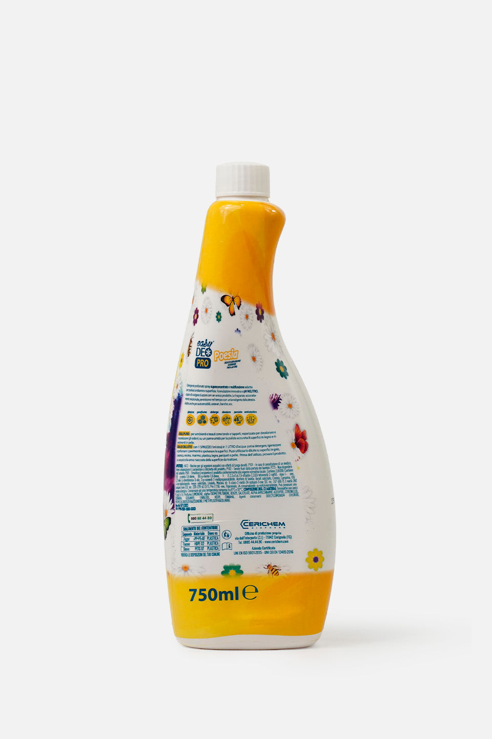 primo piano del retro flacone dello spray igienizzante profumatore alla vaniglia