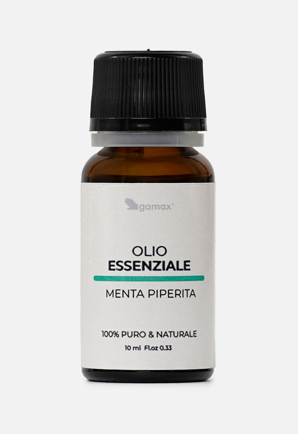 Flacone in vetro ambrato da 10 ml di Olio Essenziale di Menta Piperita Gamax. L'etichetta bianca riporta il nome del prodotto, la dicitura "100% puro & naturale" e il logo del brand su sfondo neutro.