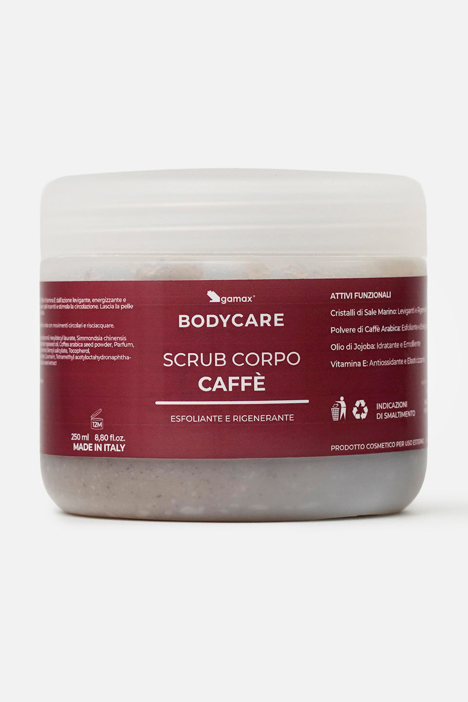 Barattolo di scrub corpo al caffè Gamax Bodycare esfoliante e rigenerante su sfondo bianco