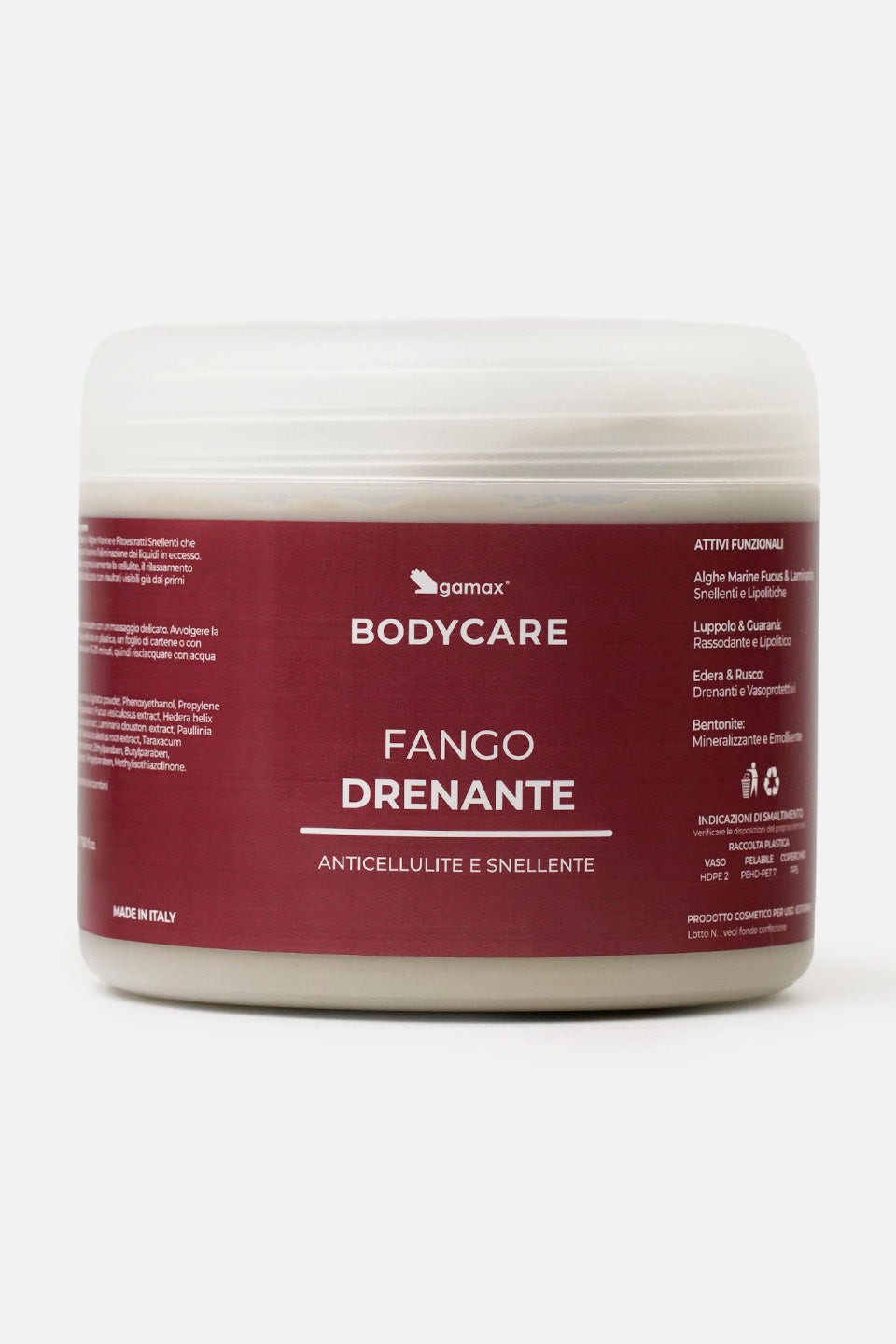 Barattolo di fango drenante Gamax Bodycare anticellulite e snellente su sfondo bianco