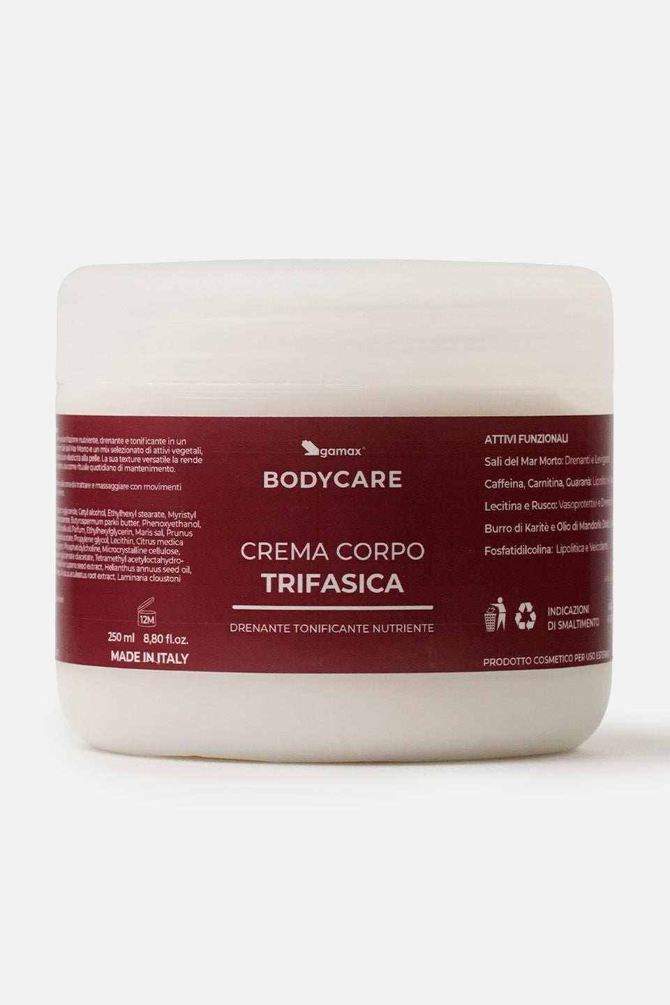 Crema Corpo Trifasica Gamax Bodycare in barattolo da 250ml ad azione drenante, tonificante e nutriente