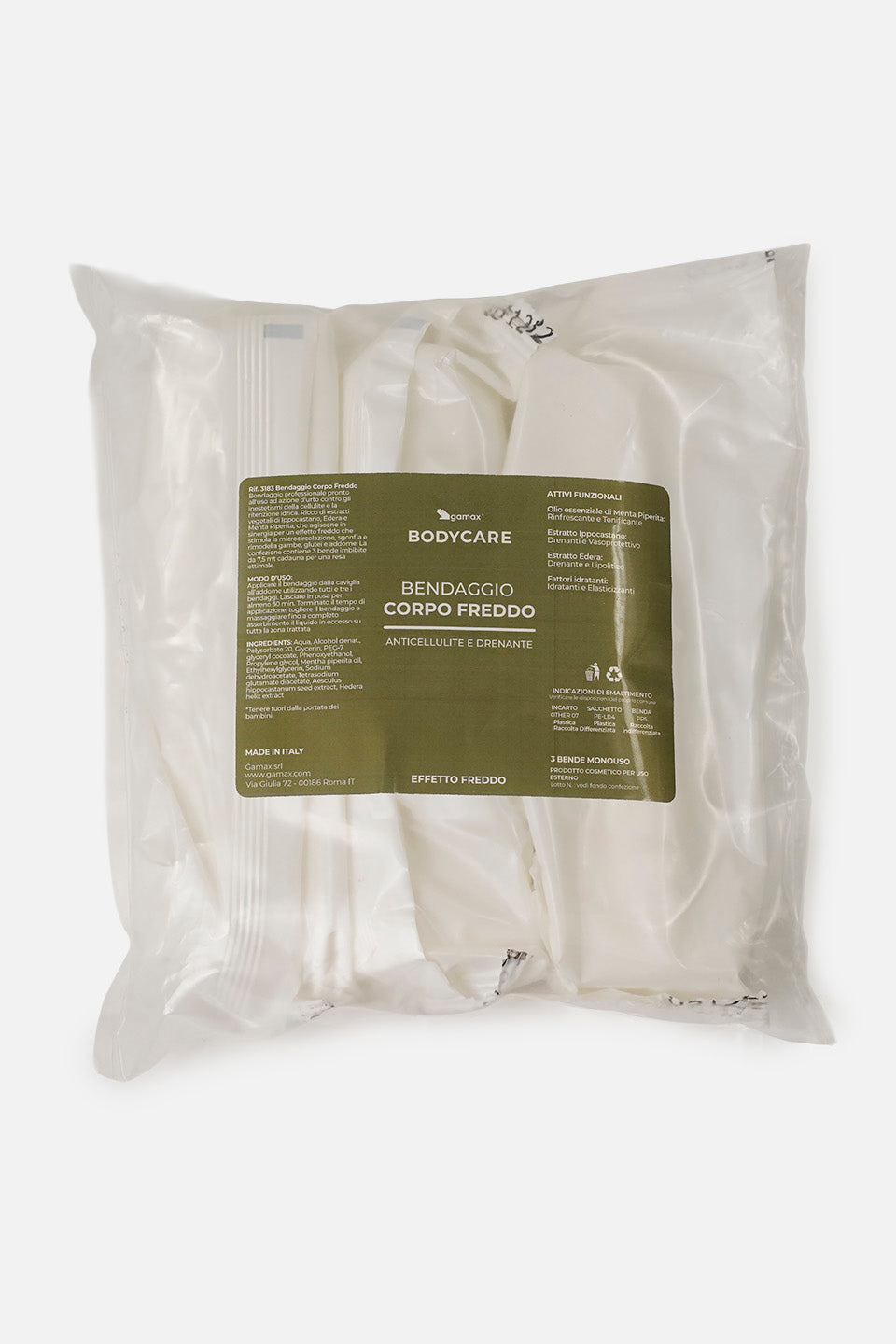 primo piano confezione del bendaggio corpo freddo anticellulite e drenante linea bodycare gamax