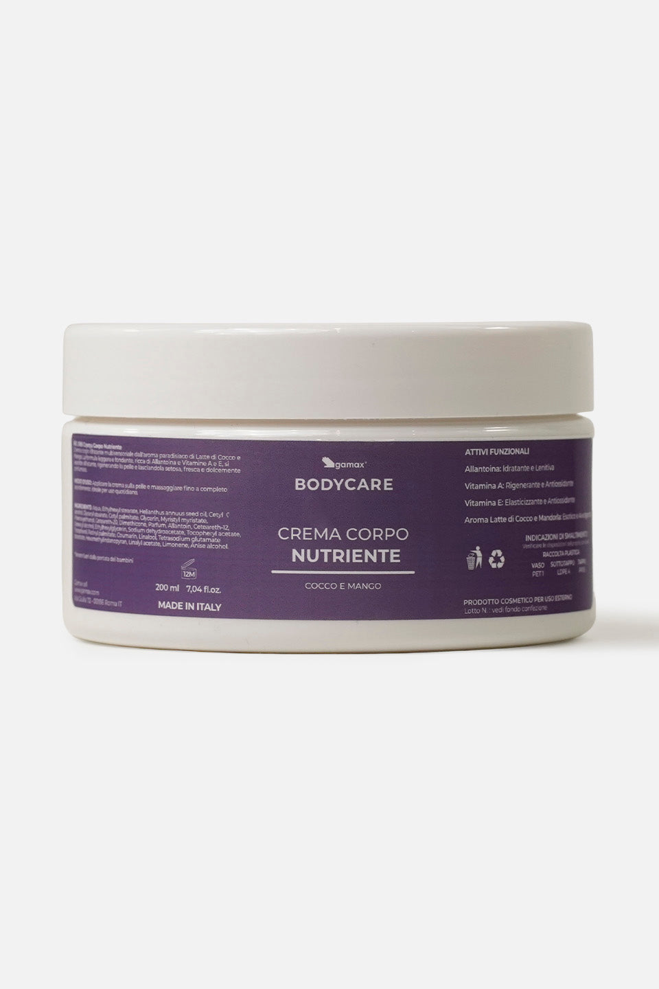 primo piano flacone chiuso della crema corpo nutriente cocco e mango della linea bodycare gamax