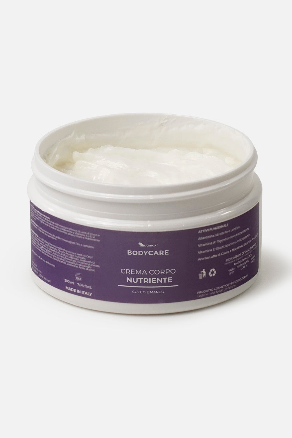 primo piano flacone aperto crema corpo cocco mango nutriente bodycare gamax