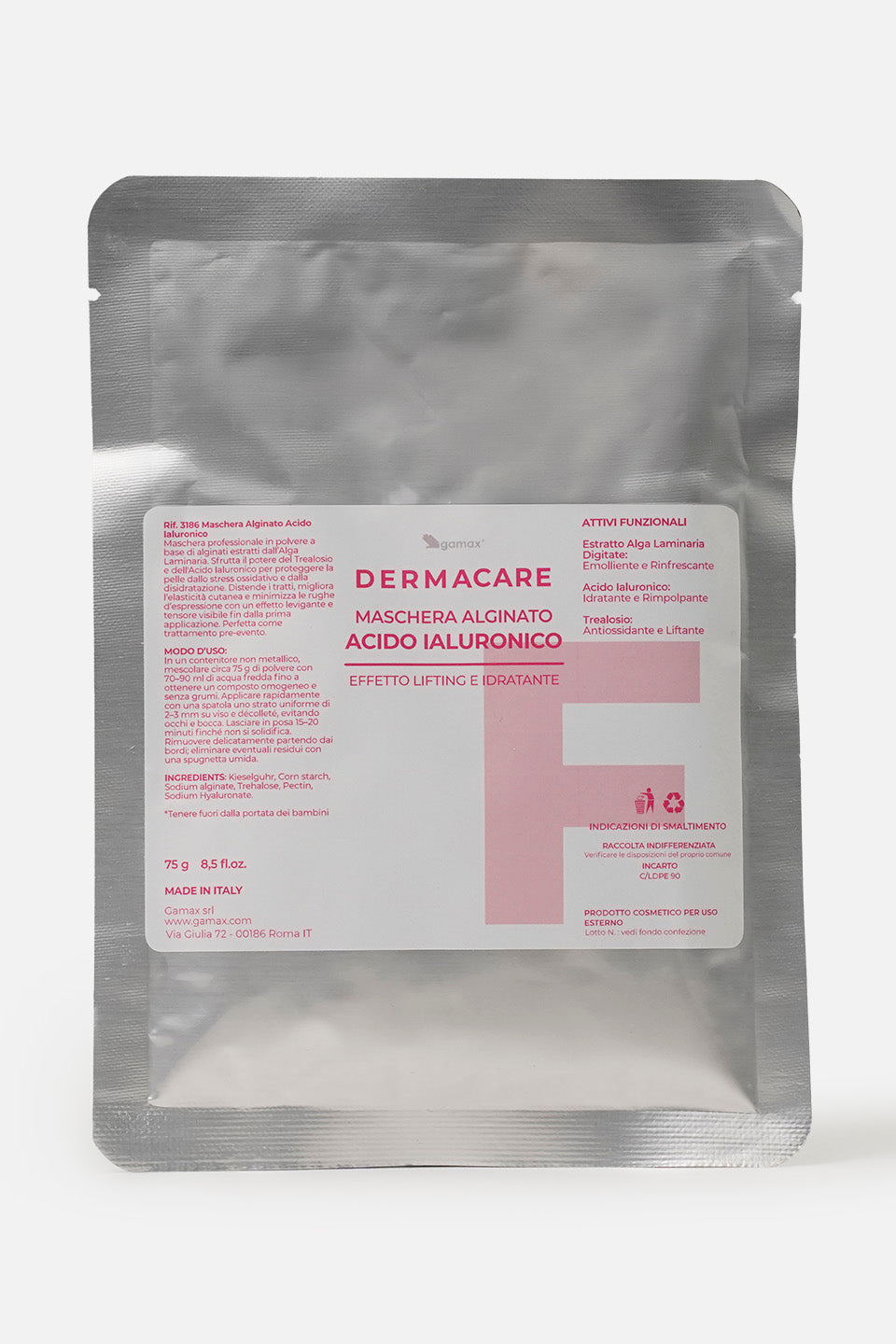 primo piano confezione chiusa maschera alginato acido ialuronico della linea dermacare gamax