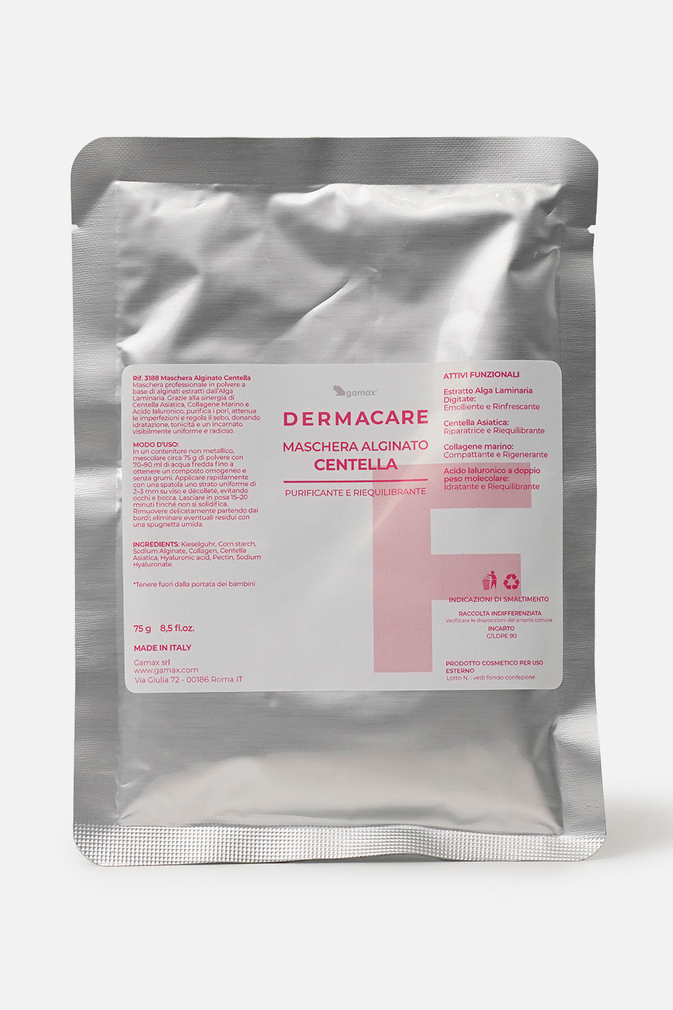 primo piano confezione chiusa di maschera alginato alla centella della linea dermacare Gamax.