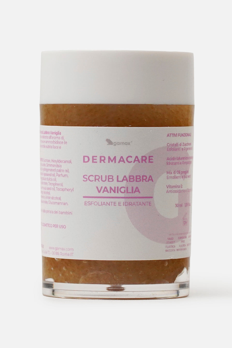 primo piano flacone chiuso di scrub labbra alla vaniglia linea dermacare gamax