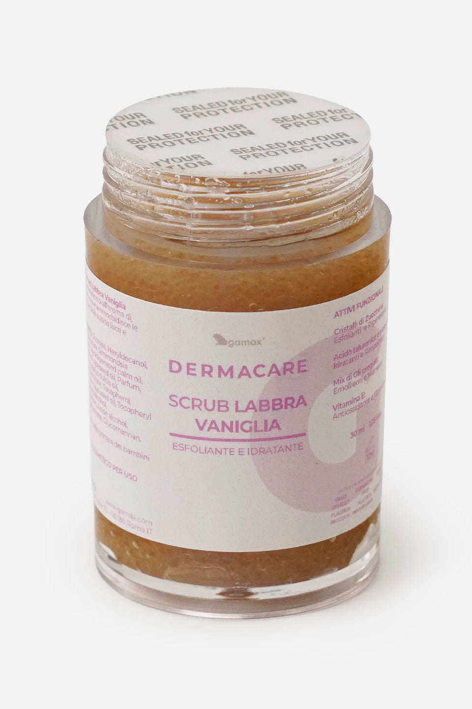 primo piano del flacone scrub labbra vaniglia dermacare gamax.