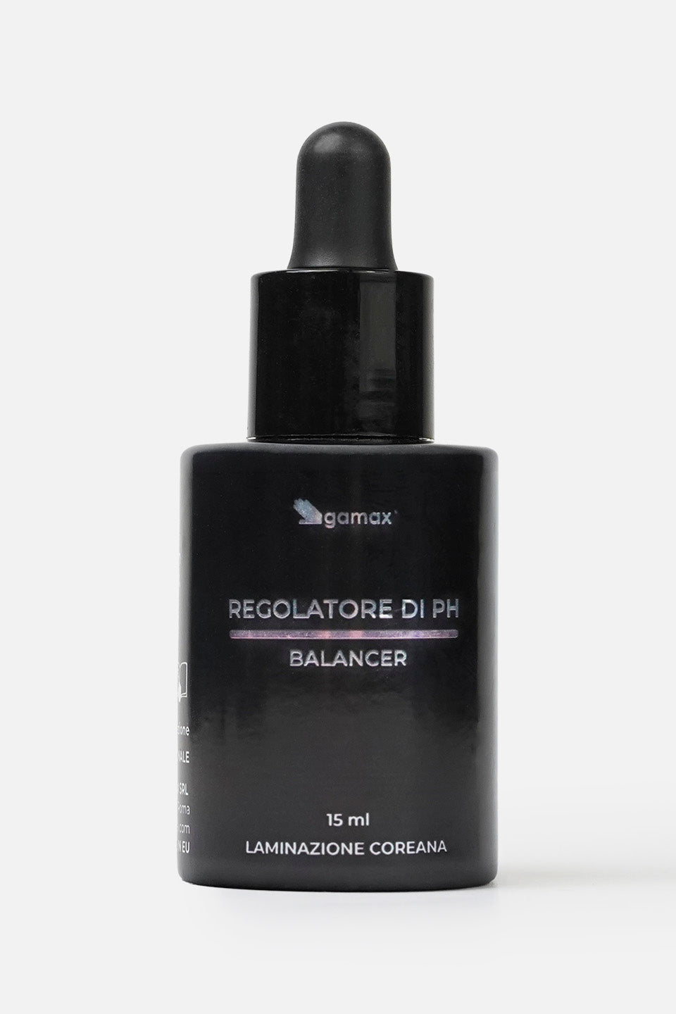 Flacone nero da 15 ml di Regolatore di pH Balancer Gamax per laminazione coreana, con tappo contagocce nero, su sfondo bianco
