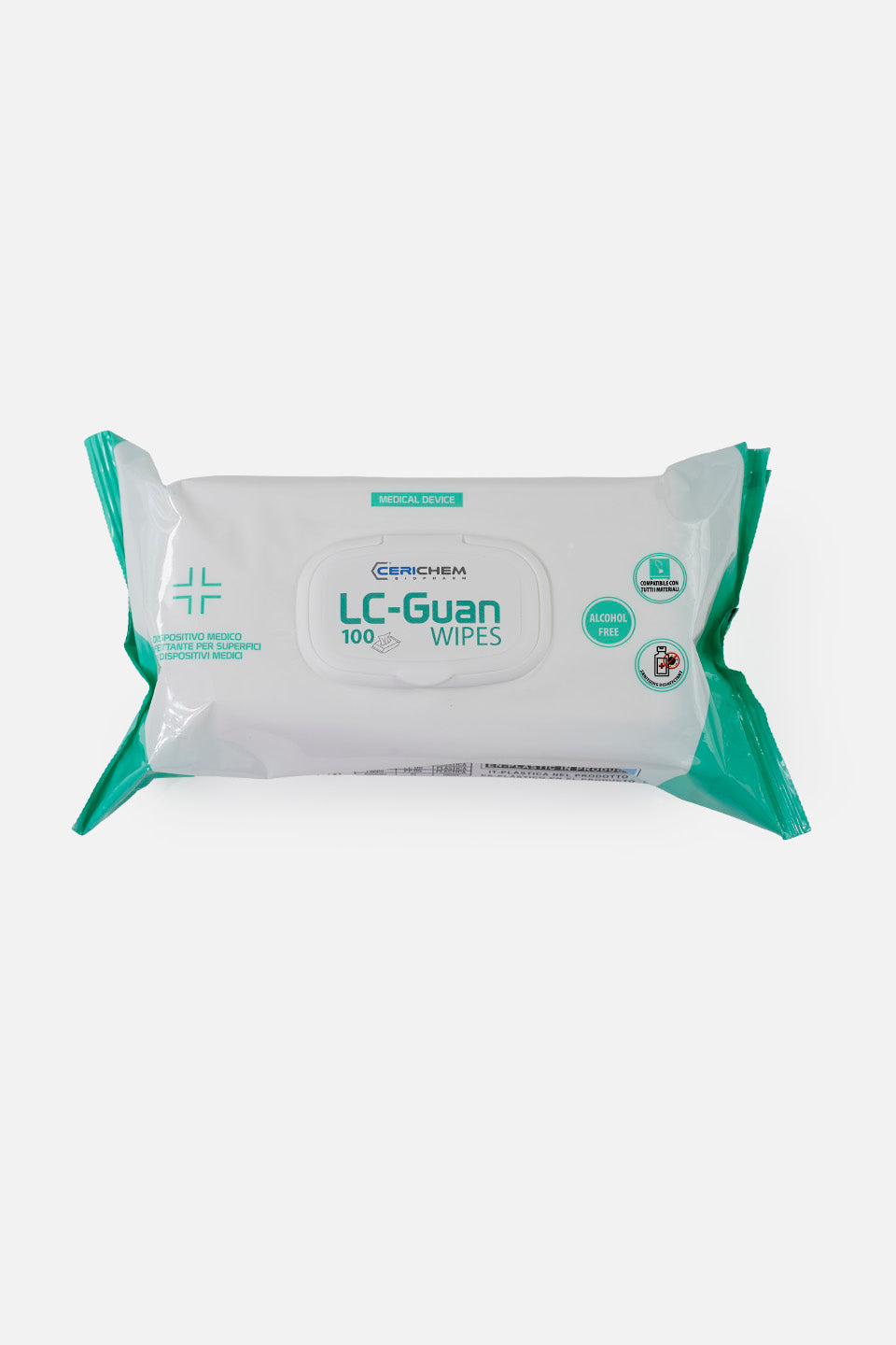 Confezione sigillata di salviette disinfettanti per superfici e dispositivi medici LC-Guan. Layout orizzontale con dettagli su produzione italiana e simboli di avvertenza ambientale.