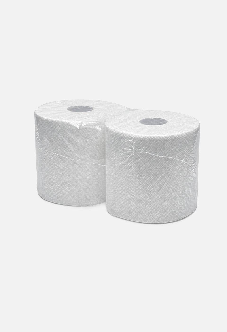 Confezione sigillata di due bobine industriali di carta bianca in pellicola di plastica trasparente, vista angolare