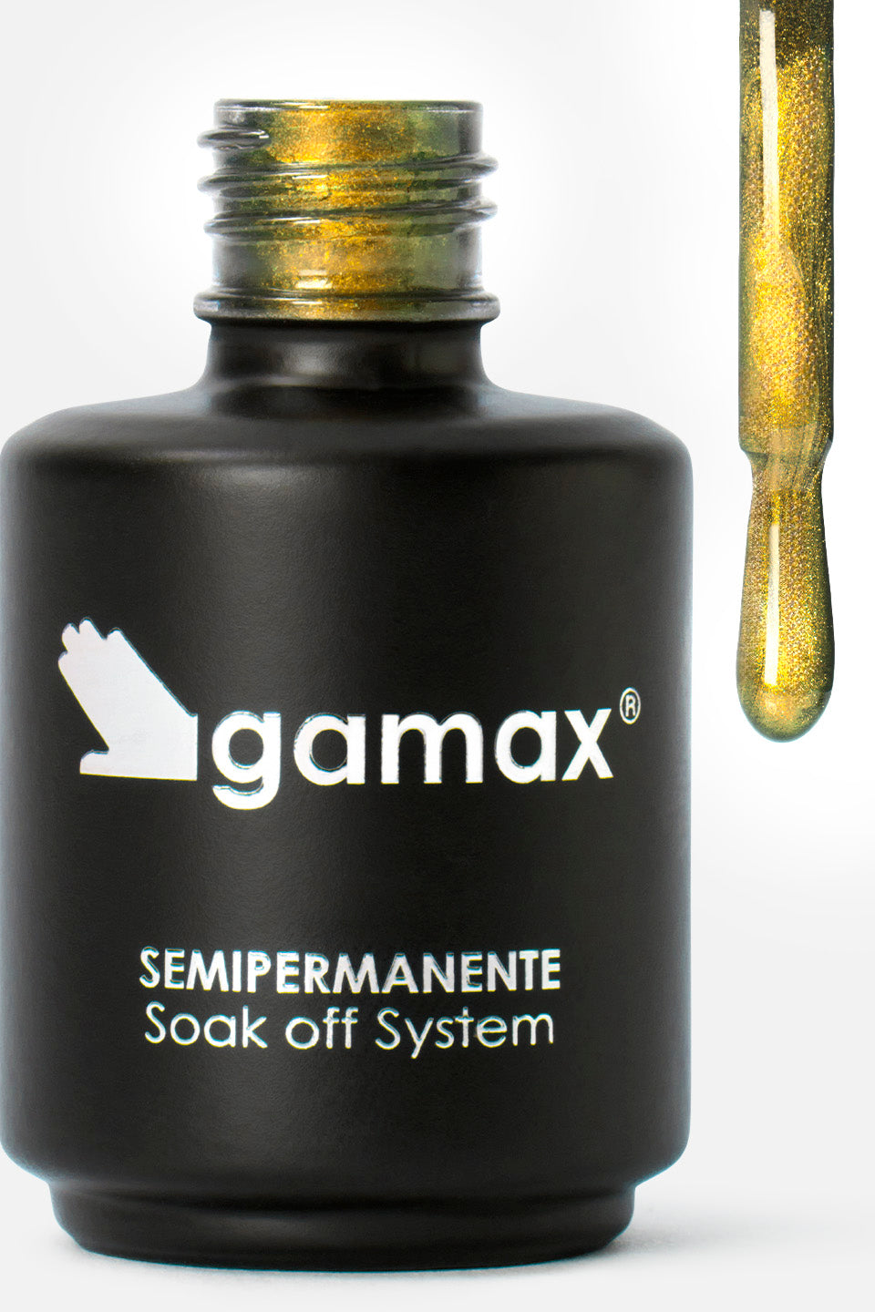 Alt text: Flacone di smalto nero opaco Gamax "SEMIPERMANENTE Soak off System". L'applicatore sollevato mostra una goccia densa di smalto color oro vibrante con una finitura metallizzata e micro-glitter dorati che riflettono la luce.