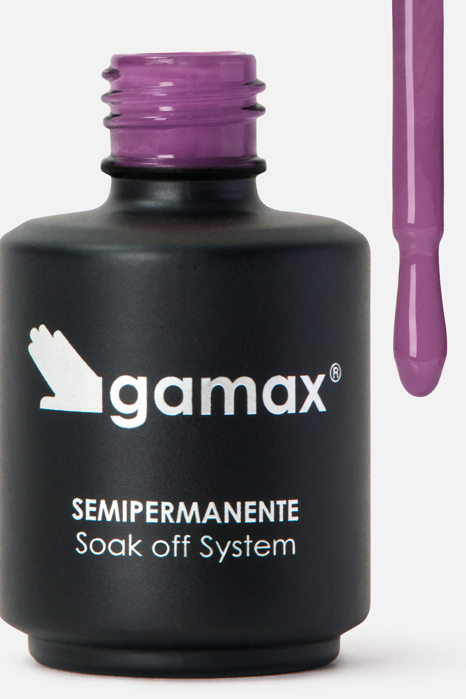 Flacone nero di smalto semipermanente Gamax Soak Off System con applicatore sfilato che mostra la tonalità viola magenta