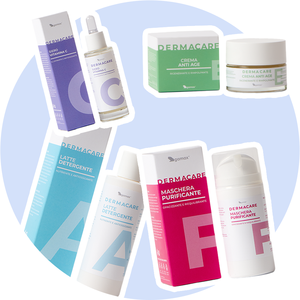 collage grafico di prodotti skincare su sfondo azzurro