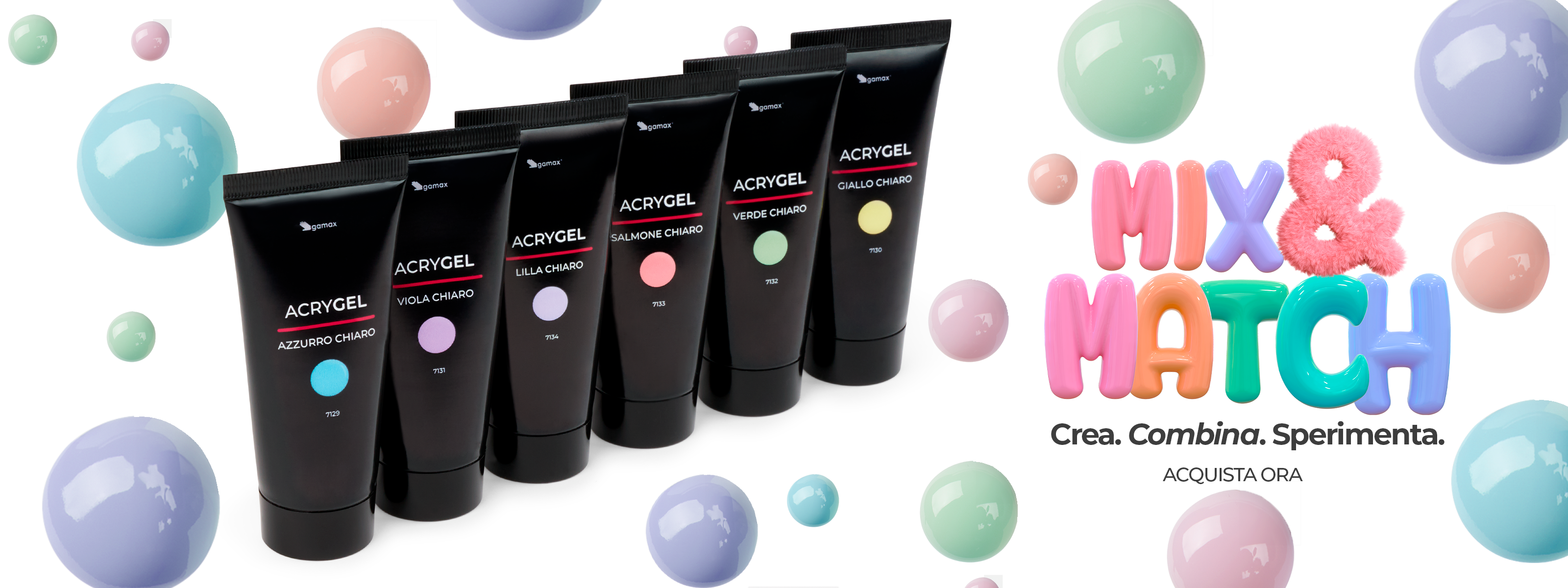 banner grafico acrygel in tubo con scritta 3d "mix & match" laterale, palline di acrygel sullo sfondo