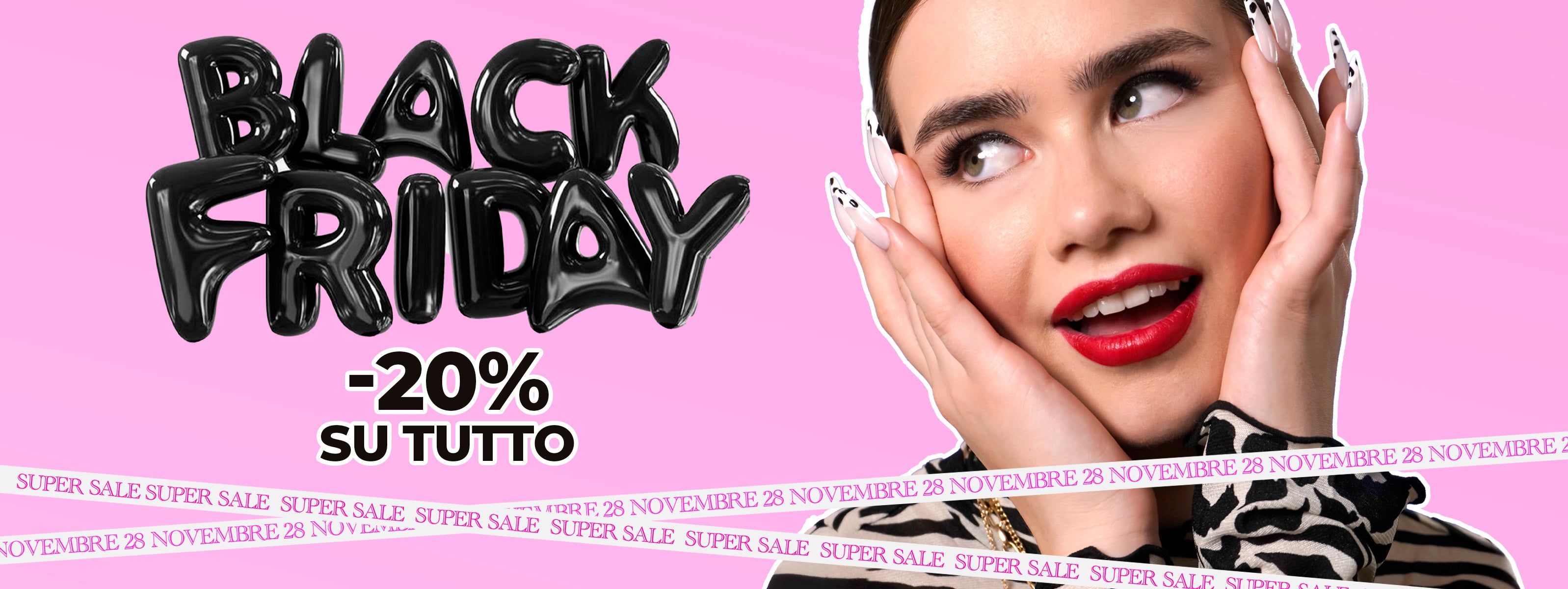 banner grafico black friday con scritta in 3d effetto palloncino in nero su sfondo lilla con modella posta sul lato destro