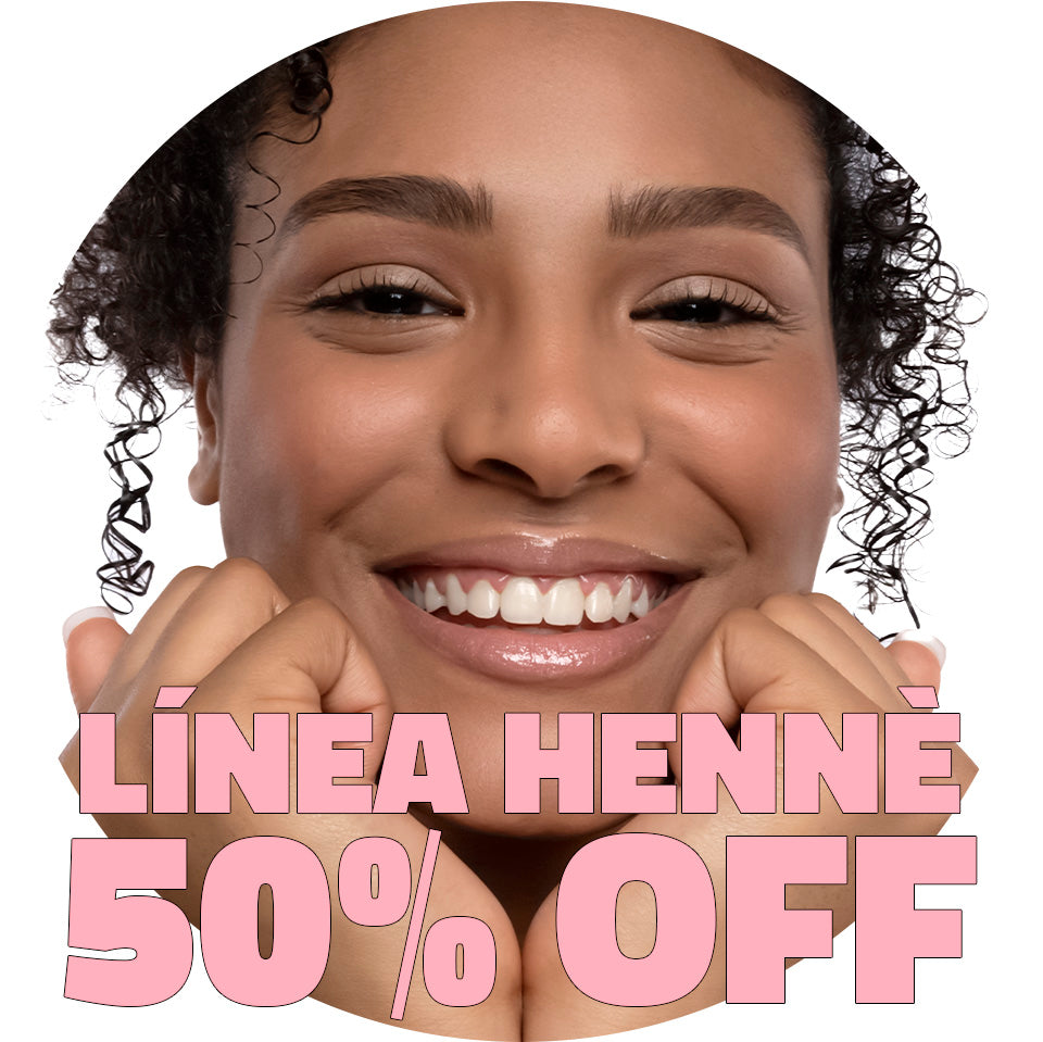 Bollino circolare con modella sorridente e scritta in maiuscolo rosa "Linea Henné 50% OFF"