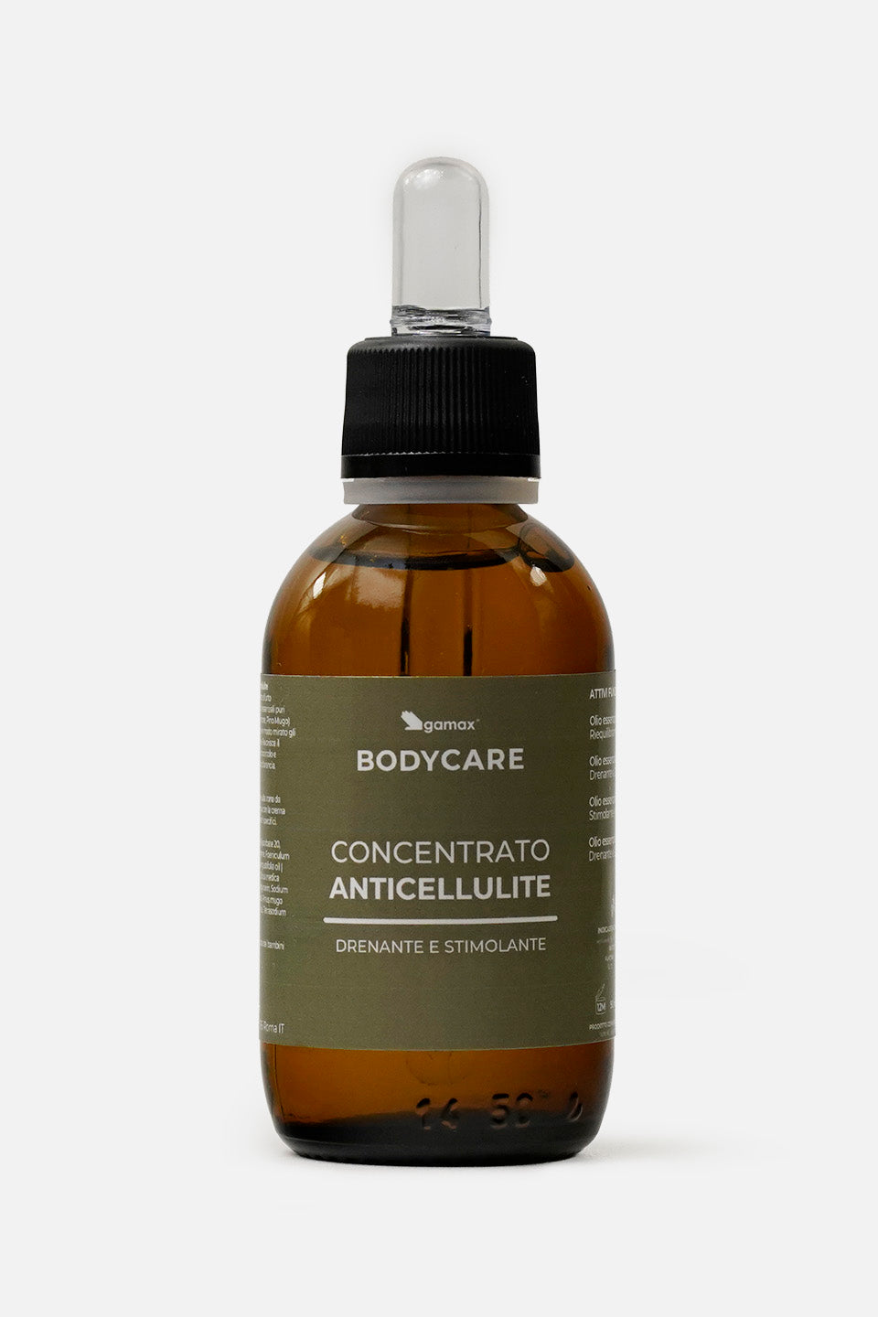 Concentrato Anticellulite Gamax Bodycare in flacone di vetro scuro con contagocce ad azione drenante e stimolante
