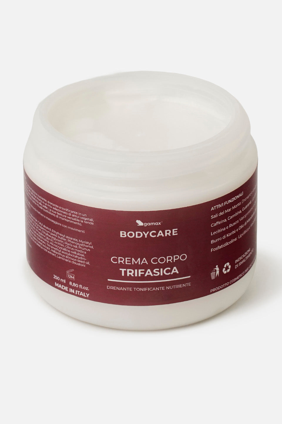 Barattolo aperto di crema corpo drenante Gamax con Sali del Mar Morto e Caffeina per trattamento corpo