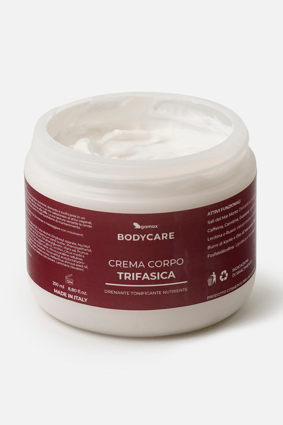 Confezione aperta di Crema Corpo Trifasica Gamax Bodycare con formula nutriente e tonificante