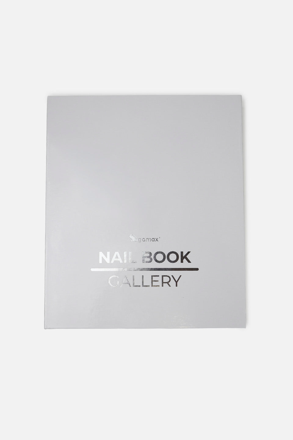 Vista frontale dell'espositore per unghie chiuso, che si presenta come un libro bianco ed elegante con la scritta argentata "Nail Book Gallery".