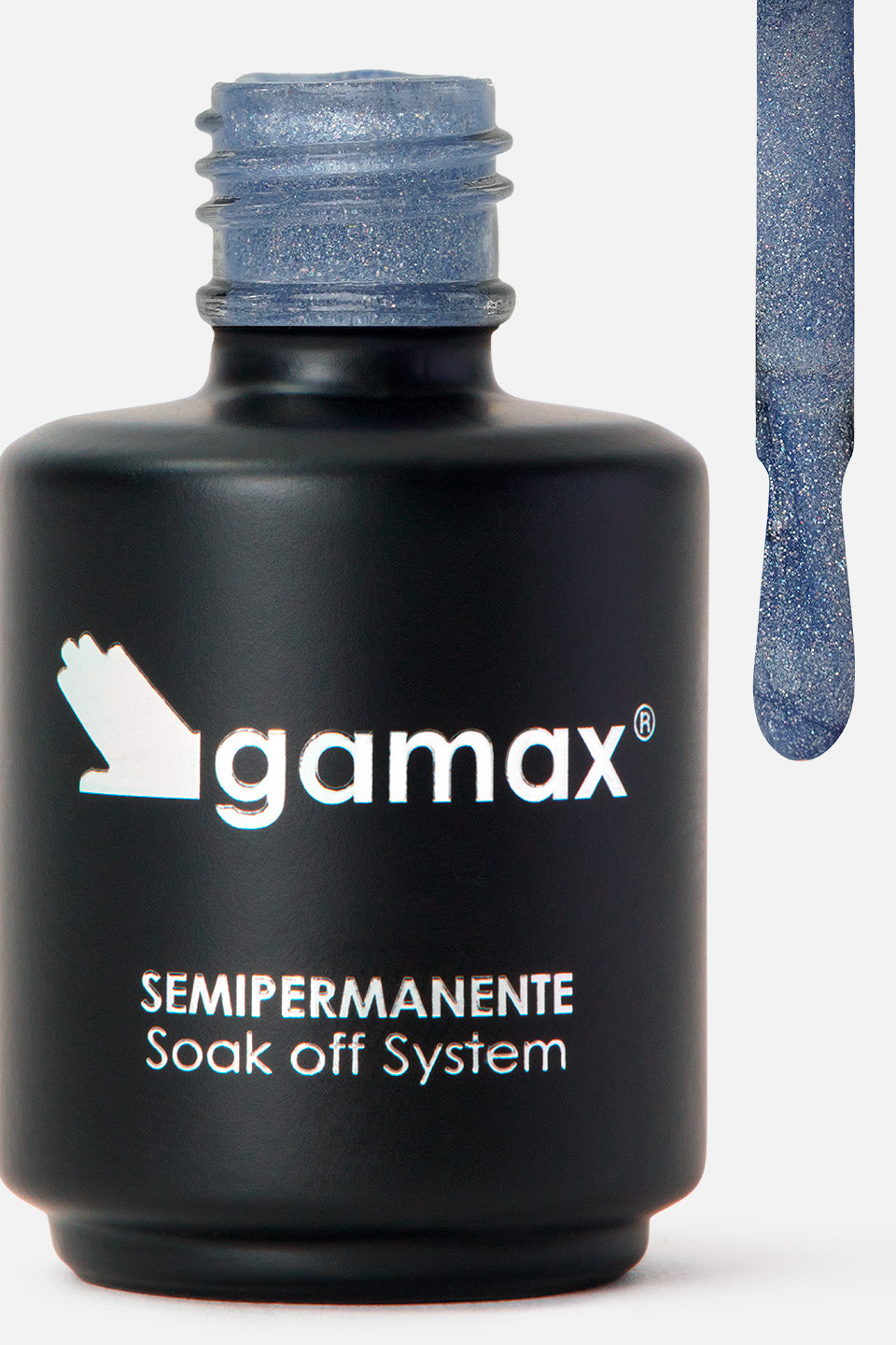 Flacone nero su sfondo neutro contenente smalto semipermanente gamax grey moon