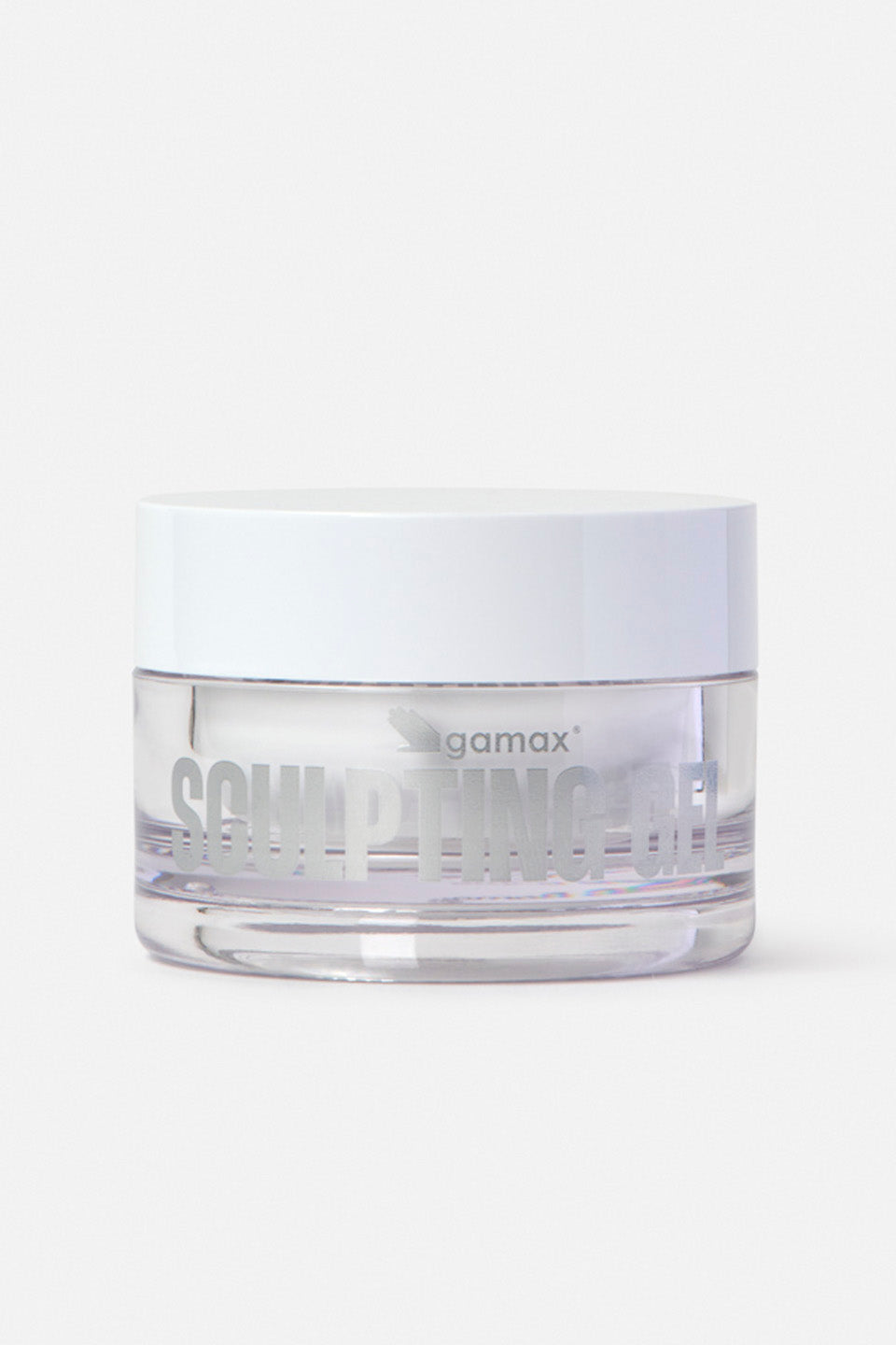 Vasetto di vetro trasparente Gamax "SCULPTING GEL" con tappo bianco e logo Gamax, per la ricostruzione professionale delle unghie.