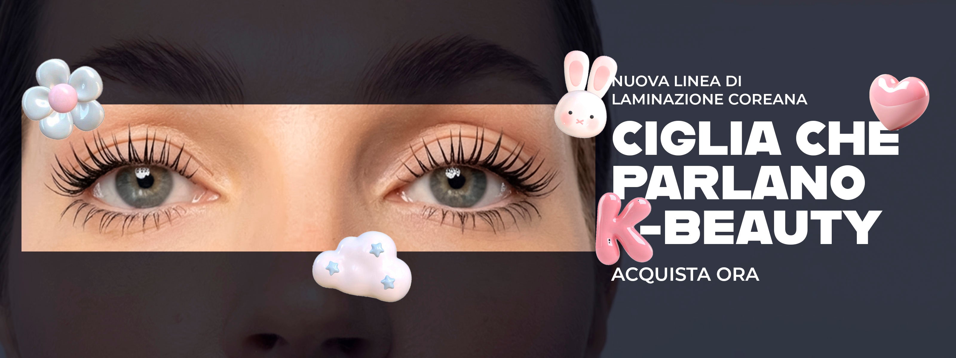 Banner e-commerce in italiano per la nuova linea di laminazione coreana Gamax con testo "Nuova linea di laminazione coreana - Ciglia che parlano - K-Beauty - Acquista ora". Immagine pubblicitaria con dettaglio di ciglia laminate e icone 3D lucide (coniglietto, nuvola, cuore) su sfondo scuro sfocato