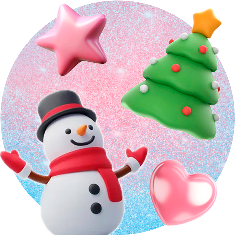 bollino con pupazzo di neve, albero di natale, stella e cuore 3d