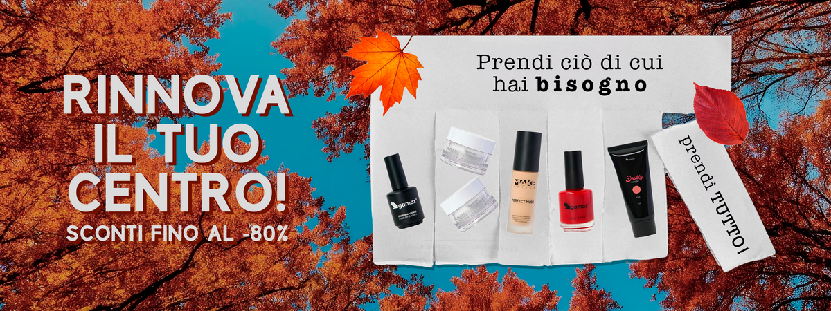 Banner promozionale autunnale con sconti fino all'80% per centri estetici.