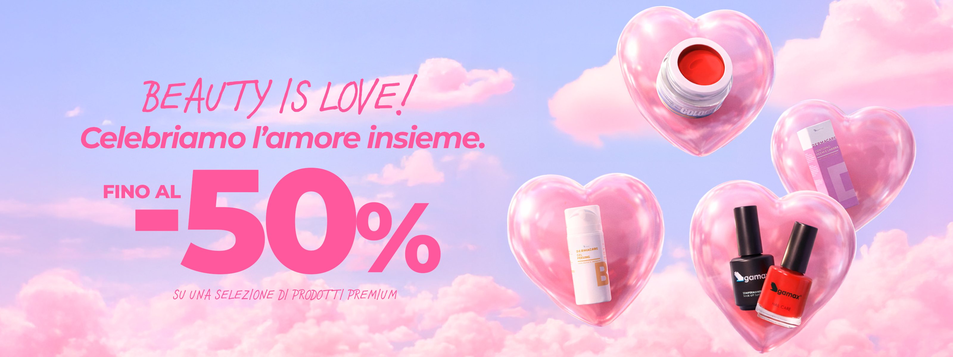 Promozione San Valentino Gamax: sconti fino al 50% su prodotti premium per unghie e bellezza. Grafica con cuori rosa e cielo sognante