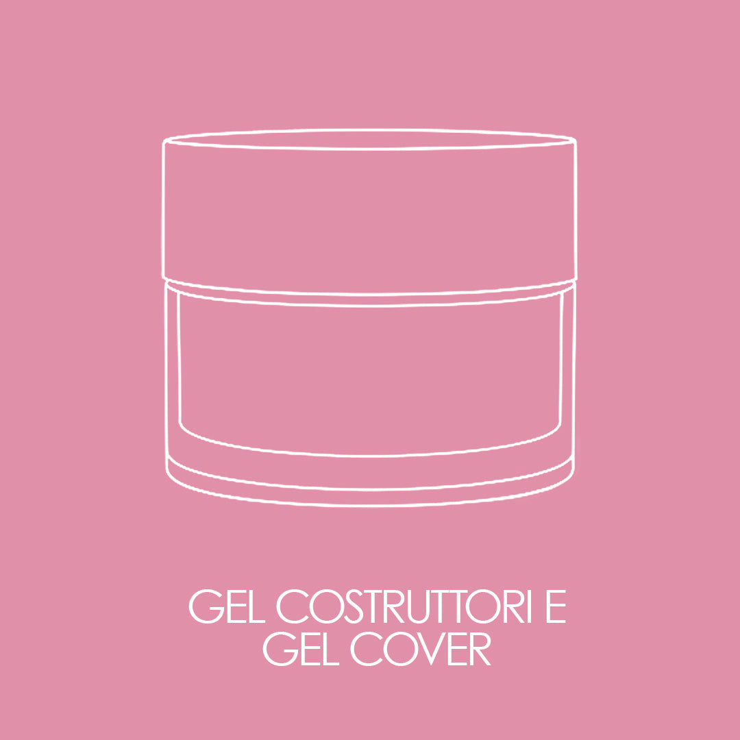 Grafica con sfondo rosa e outline bianco di un gel costruttore con scritta bianca "Gel costruttori e Gel Cover"