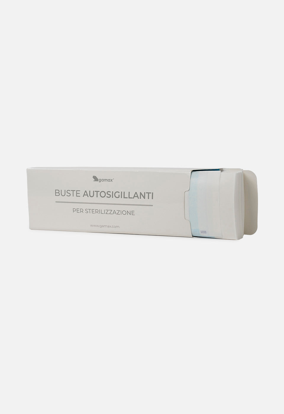 Packaging Gamax buste autosigillanti per autoclave, scatola aperta con buste estratte lateralmente.