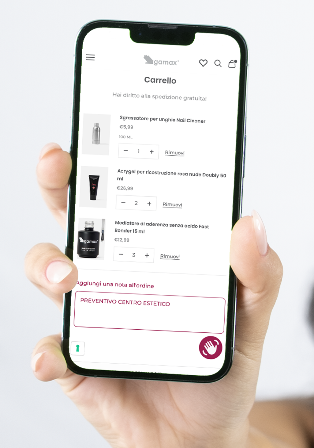 telefono con schermata di carrello del sito gamax