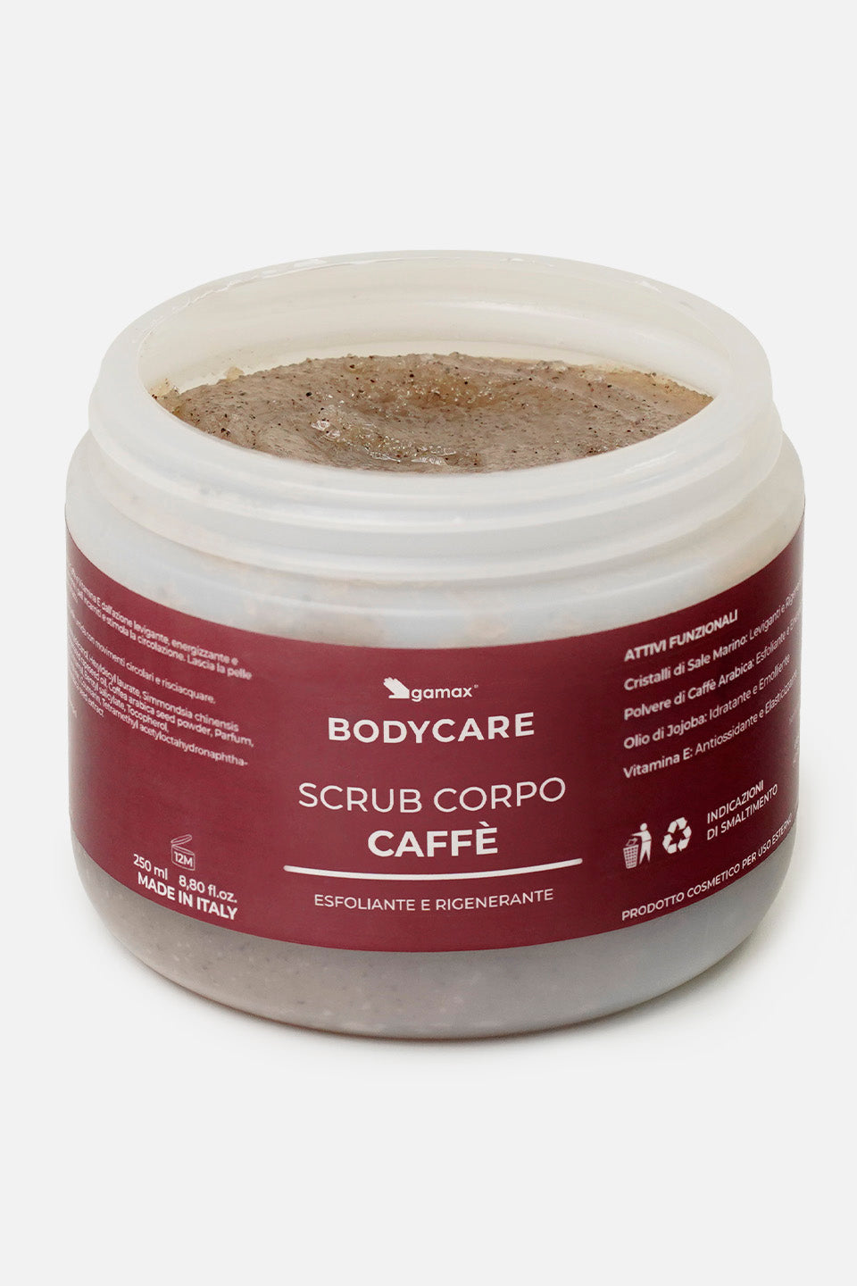 Confezione aperta di scrub corpo al caffè Gamax Bodycare che mostra il prodotto esfoliante all'interno