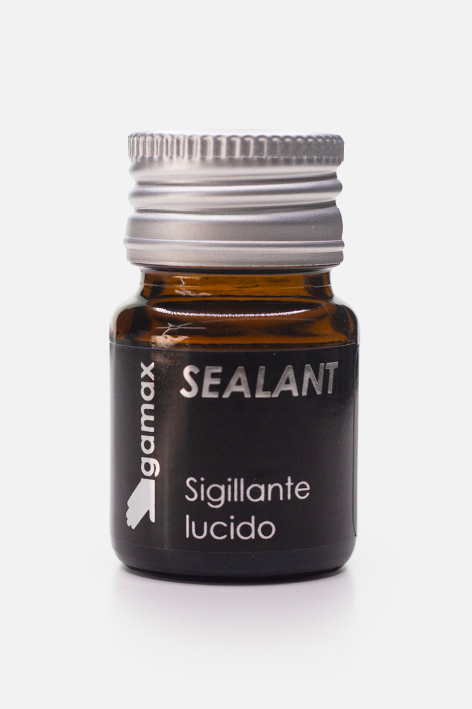 Flaconcino in vetro di sigillante per ricostruzione unghie in gel lucido Sealant di Gamax. Tappo in alluminio. Sfondo neutro.