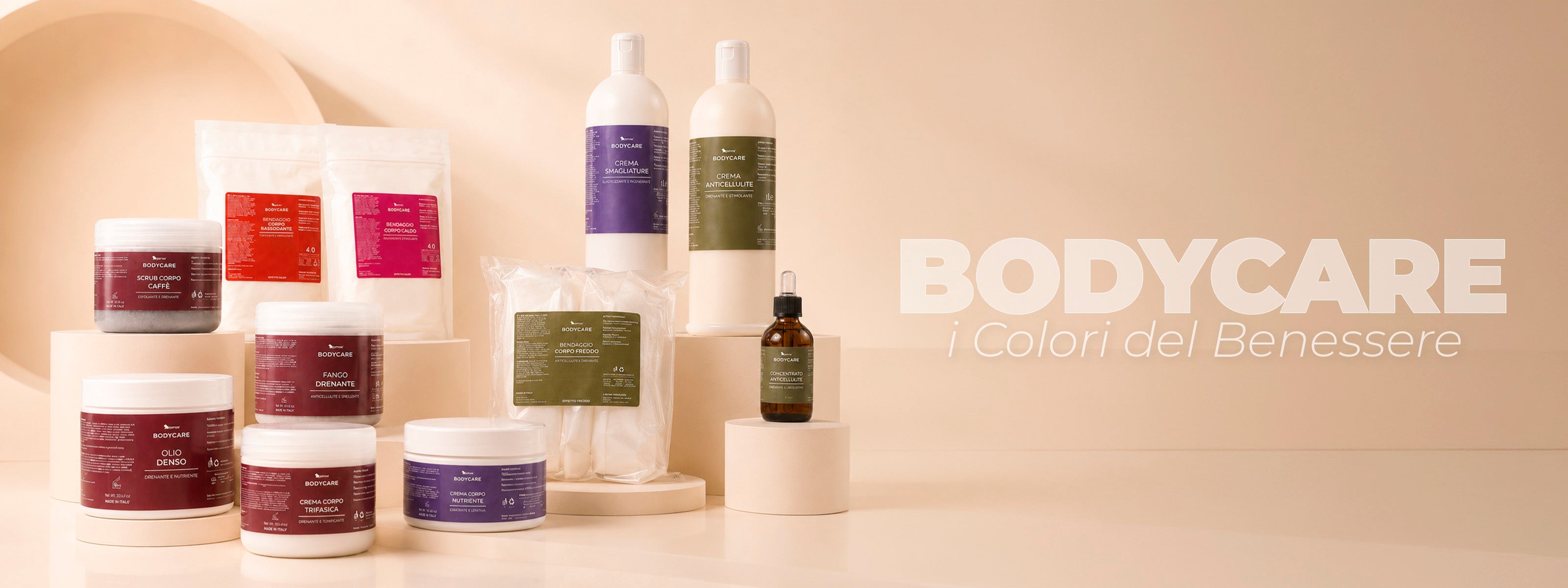Prodotti cosmetici professionali per l'estetica del corpo della linea Bodycare con la scritta I Colori del Benessere su sfondo beige chiaro