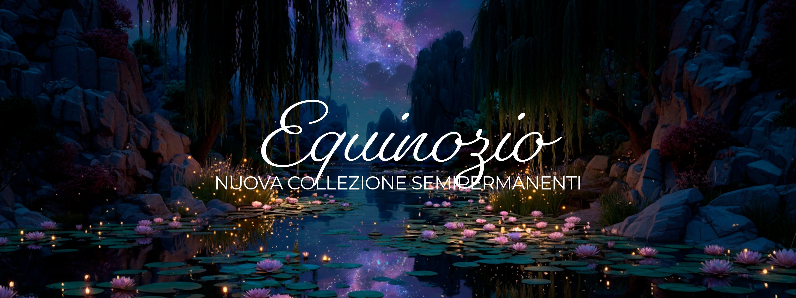 Banner "Equinozio Nuova Collezione Semipermanenti". Paesaggio notturno onirico con laghetto di ninfee rosa illuminate, lucciole e salici piangenti sotto un cielo stellato viola. Logo in corsivo bianco al centro su sfondo fantasy magico