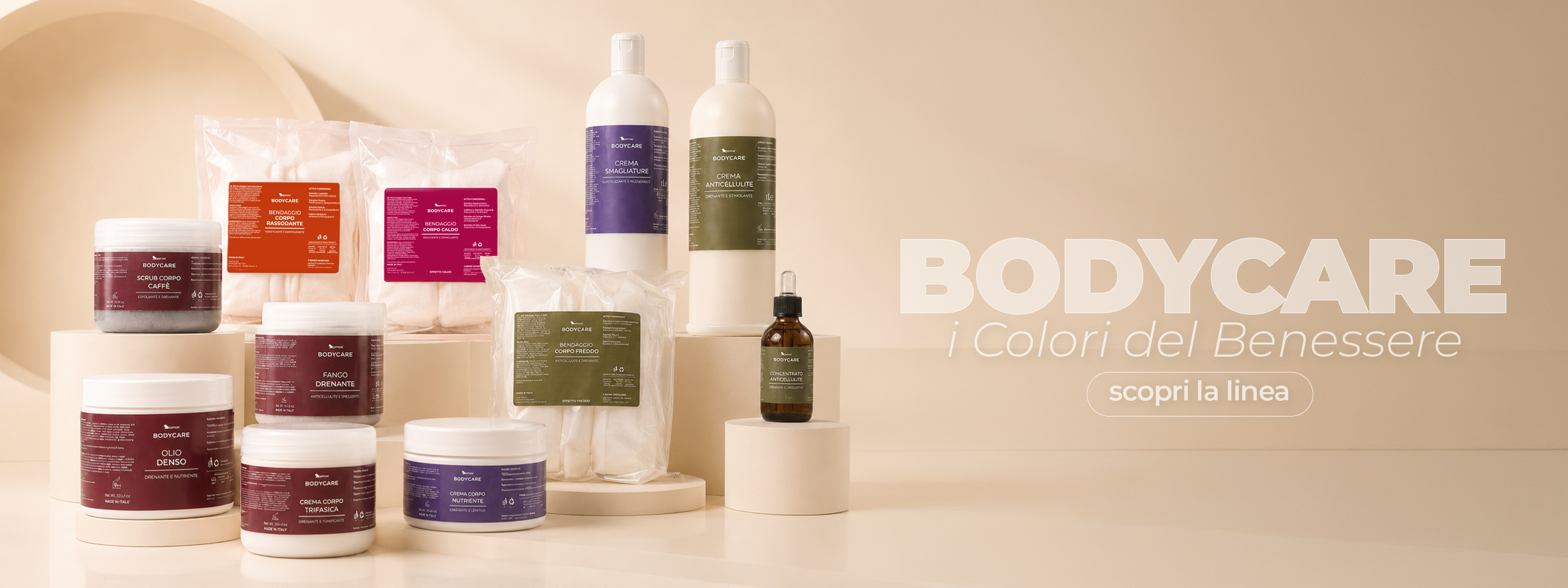 Prodotti cosmetici professionali per l'estetica del corpo della linea Bodycare con la scritta I Colori del Benessere su sfondo beige chiaro