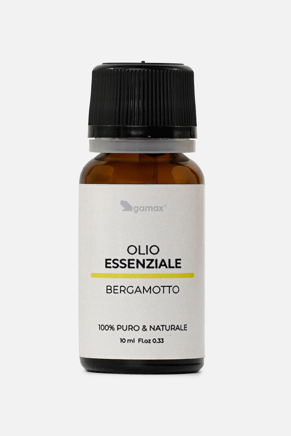 Flacone in vetro ambrato da 10 ml di Olio Essenziale di Bergamotto Gamax con etichetta bianca, tappo nero zigrinato e scritta "100% Puro & Naturale"