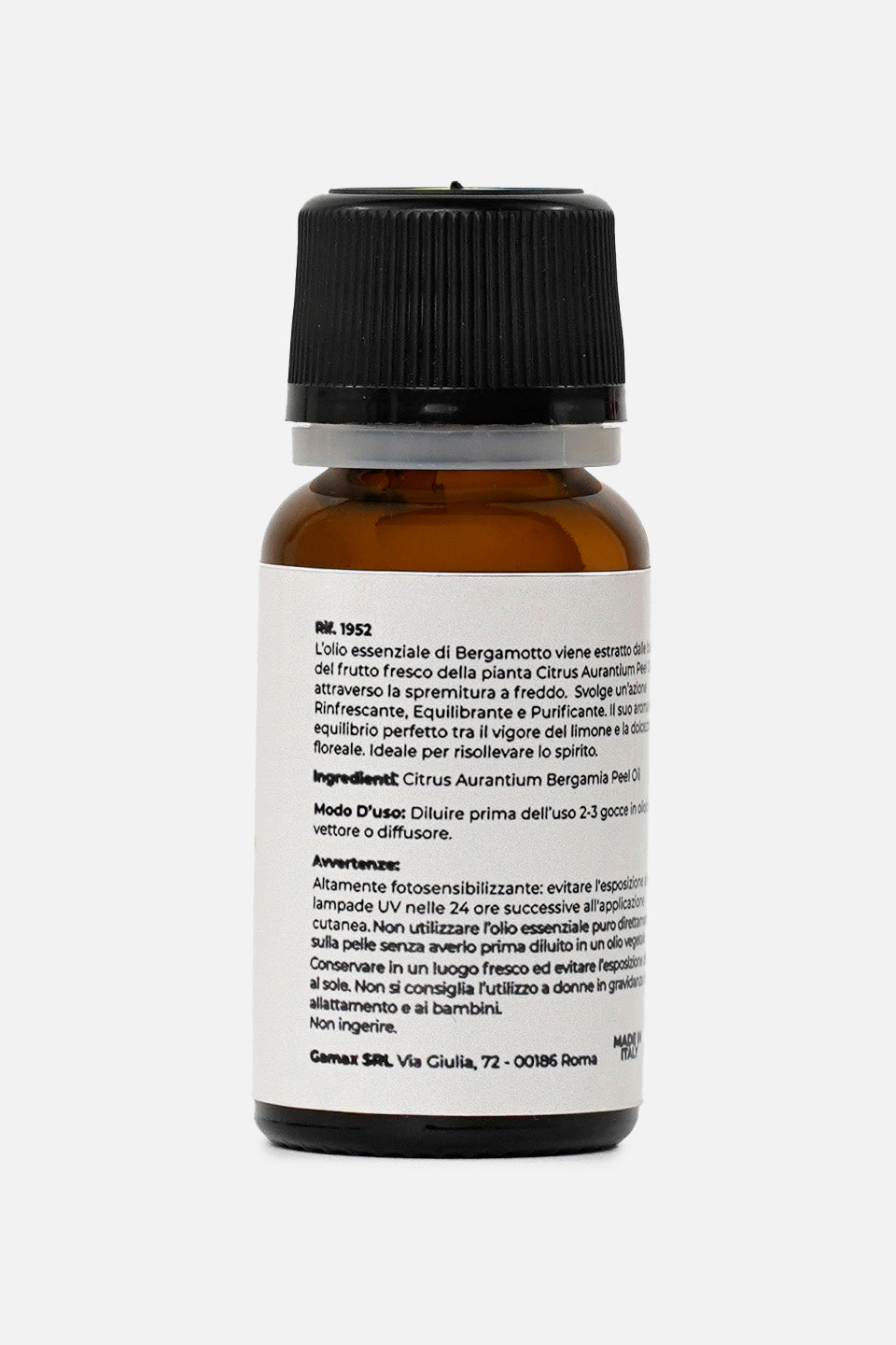 Retro del flacone Gamax con etichetta informativa contenente INCI (Citrus Aurantium Bergamia), modalità d'uso, avvertenze sulla fotosensibilizzazione e dati del produttore