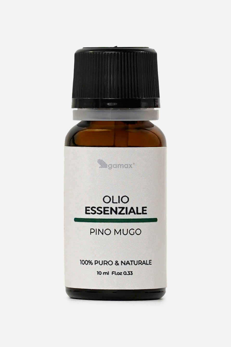 Vista frontale del flacone di Olio Essenziale di Pino Mugo Gamax da 10 ml in vetro ambrato con etichetta bianca e tappo nero